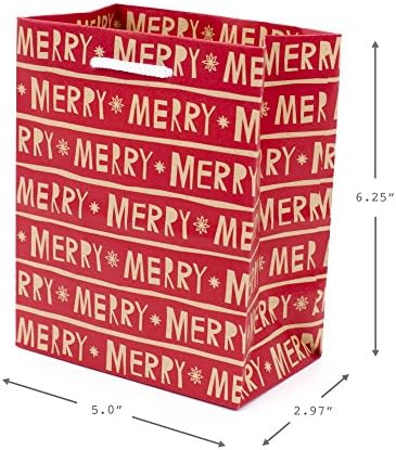 Hallmark 6" Small Holiday Gift Bag Set (Pack of 5; Red, White and Kraft) Snowflakes, Stripes, Merry (5XGB1798)