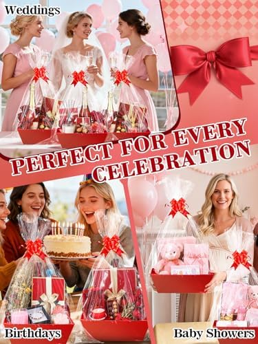 Beeplove 6 Sets Large Thick Kraft Baskets for Gifts Empty - Gift Baskets Empty Kit with Cellophane Wrap and Pull Bows for Wedding Birthday Bridesmaid Baby Shower, Red