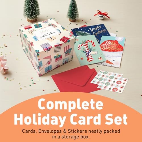 Sweetzer & Orange Boxed Christmas Cards Set – 100 Holiday Cards with Envelopes & Sealing Stickers – 25 Unique Designs with Gold Foil & Short Greetings – Bulk Assorted Christmas Greeting Cards