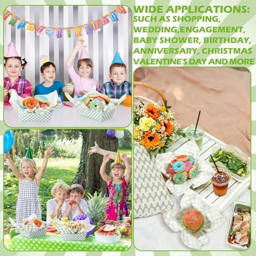 Geosar 100 Pcs Gingham Paper Food Tray with Wax Paper,Green White