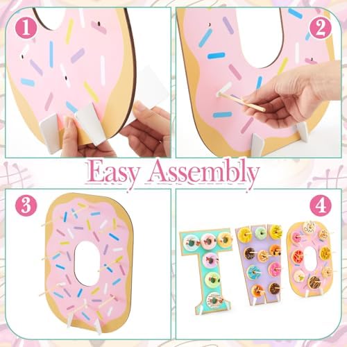 Lallisa 3 Pack Sweet Two Donut Stands, Wooden Doughnut Display Stand with Bases and Pegs, Donut Holder for Dessert Table, 2nd Birthday Decorations, Sweet Two Theme Party Decor for Kids