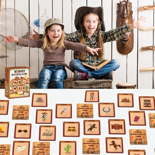 gisgfim 100 PCS Memory Matching Game Cowboy Concentration Memory Card Games for Kids Educational A Fun & Fast Western Party Favor Wild West Theme Matching Games