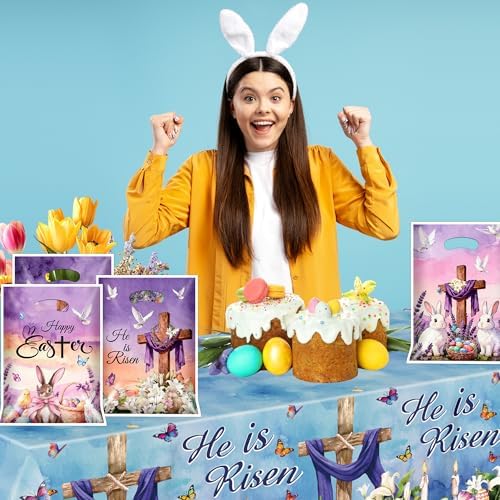 EUVBOKW 100 Pcs Easter Plastic Treat Bags Bulk,He is Risen Christian Goodie Bags and Bunny Party Favor Bags with Handles for Easter Egg Hunt, Church and Gift Wrapping