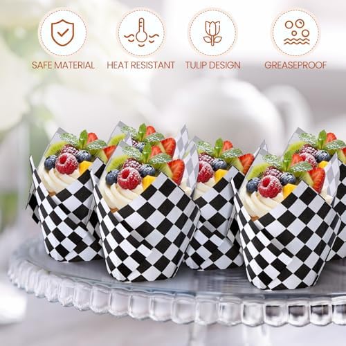 Maxdot 200 Pcs Checkered Tulip Cupcake Liners for Baking White Black Plaid Paper Muffin Baking Cups Checkered Tulip Muffin Liners Wrappers for Race Car Birthday Party Supplies