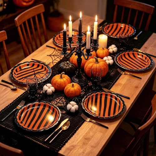JarThenaAMCS 30Pcs Orange Black Stripe Paper Plates Halloween Scalloped Disposable Plate Striped Dessert Plate for Halloween Birthday Baby Shower Party Table Decor