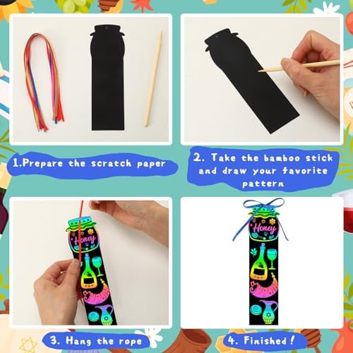 JUNEBRUSHS 30 Pack Rosh Hashanah Scratch Art Bookmarks