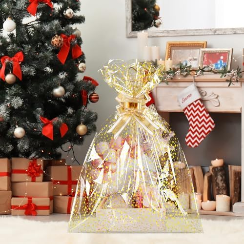 COQOFA 20 Pieces Large Cello/Cellophane Bags,16x24 Inches Clear Basket Gift Bags Gold Star Printed OPP Plastic Cellophane Wrap for Baskets Gift Packaging with Gold Pull Bows