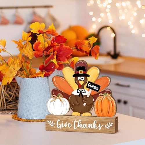 Thanksgiving Turkey Wooden Table Sign Decorations, Give Thanks Turkey Pumpkin with Raffia Bow Rustic, Autumn Harvest Fall Tiered Tray Centerpieces Tabletop Farmhouse Home Decor Gobble