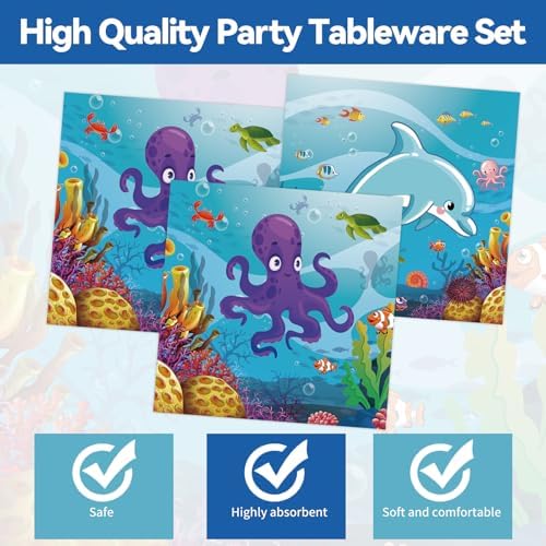 50Pcs Under the Sea Birthday Plates and Napkins Party Supplies, Disposable Ocean Theme Paper Plates Napkins Tableware Set for Sea Animal Party Decorations (Sea Animal)