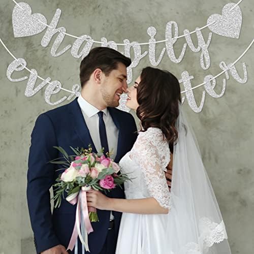 Happily Ever After Silver Glitter Bunting Banner, Engagement, Bridal Shower, Wedding Party Photo Booth Props Signs,Pre-Strung Cursive Bunting