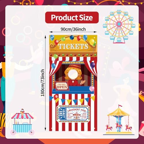 73 x 36 Inches Carnival Ticket Booth Banner Door Cover – Amusement Park Photo Booth Backdrop with Balloons, Striped Tent and “We Are Open” Sign, Movie Theater Theme Party Decorations for Kids Birthday