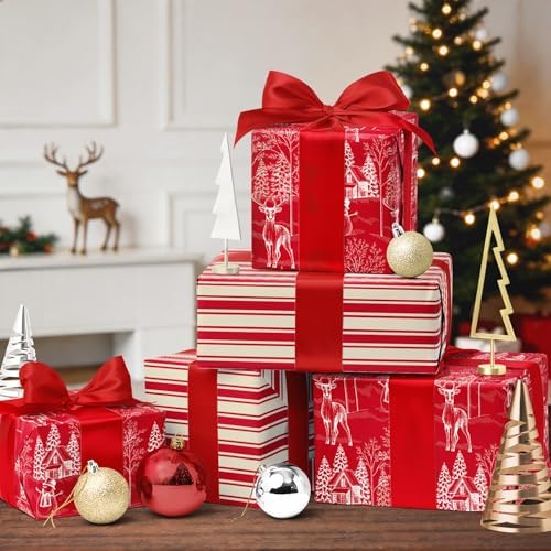 LaRibbons Red Christmas Wrapping Paper, Vintage Deer Winter Toile Design