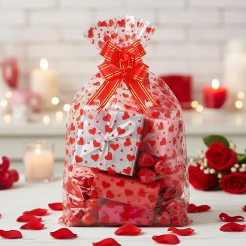 10 Sets Large Valentines Cellophane Bags(20x28 Inch) with Pull Bows Red Heart Gift Goodie Basket Stocking Stuffers Wrap Valentine Day Galentines Party Decorations Favors Supplies Holiday Baggies