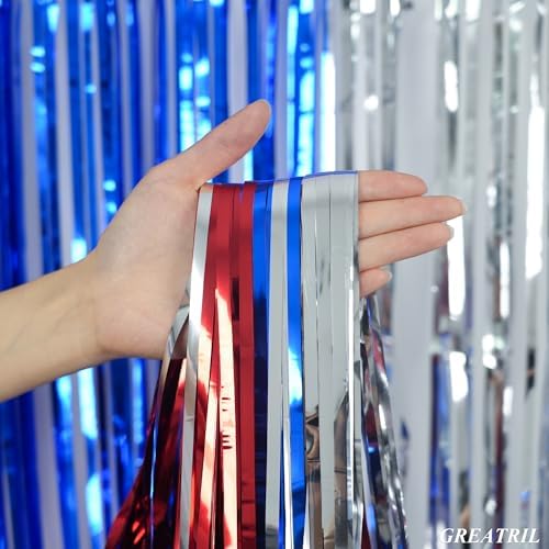 Blue Silver Red Party Streamers 4th of July Decorations 3.2ft x 8.2ft 2 PCS
