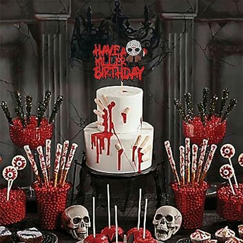1 PCS Have a Killer Birthday Cake Topper - Glitter Horror Classic Halloween Cake Pick for Bloody Horror Theme Party Cake Decorations Supplies