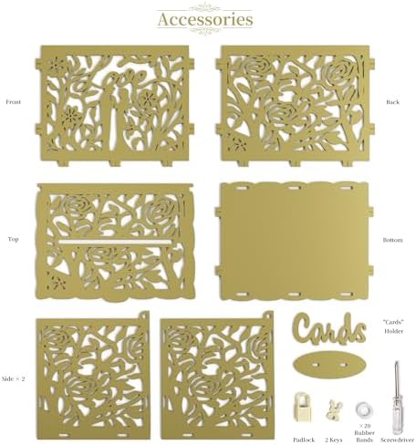 Jolik Bride and Groom Wedding Card Box with Sign, Large Rustic Locking Money Box Holder for Wedding Reception, Gift Card & Envelope Storage, DIY Anniversary & Birthday Party Decoration(Gold)