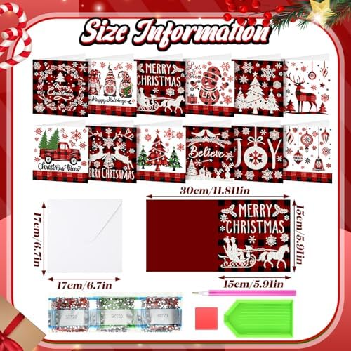 Saillong 12 Pack Plaid Christmas Diamond Greeting Cards with Envelopes