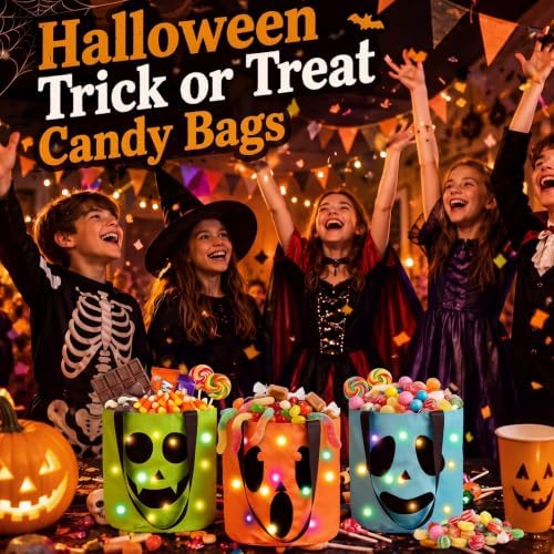 Sadnyy 3 Pcs Halloween Trick or Treat Bag Light Up,Orange,Green, Blue