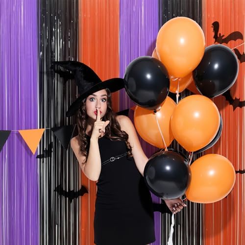3 Pack Halloween Foil Fringe Curtains - 3.2ft x 6.6ft Black Purple Orange Foil Fringe Curtains Photo Booth Backdrop for Halloween & Birthday Party (Style B)