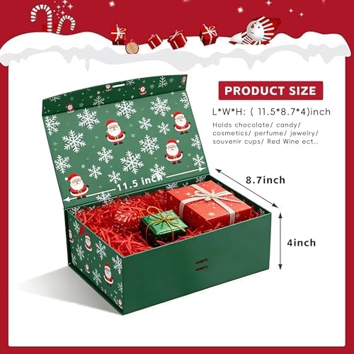 Dimore Christmas Magnetic Gift Boxes with Lids, Collapsible Hardboard Gift Packaging, Red & Green Holiday Boxes for Presents, 4 Pack (Multiple Sizes) (4Pack Christmas 11.5" x 8.7" x 4")