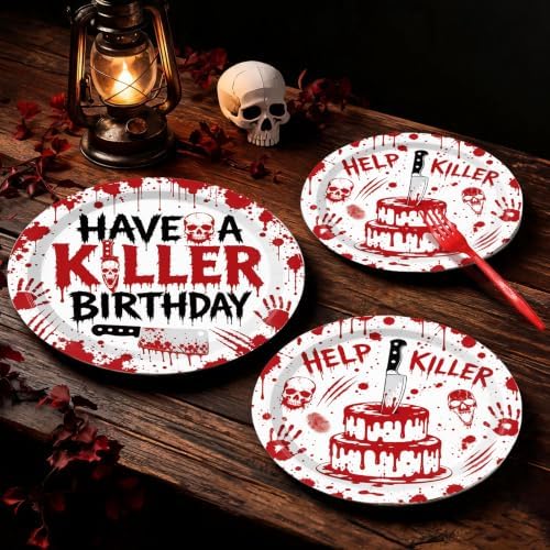 96 Pieces Have a Killer Birthday Plates and Napkins, Bloody Hand Disposable Tableware with Paper Plates Napkins and Forks for Halloween Party Supplies, Horror-Themed Birthday Decorations, Serves 24