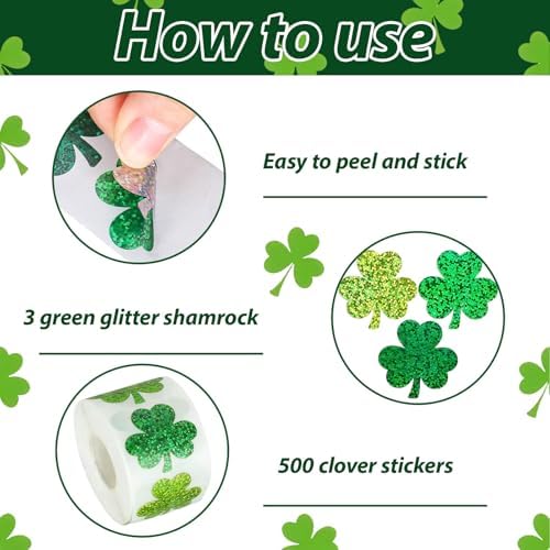 500Pcs Shamrock Stickers Roll for St. Patrick's Day - 3 Styles Holographic Sparkly Green Clover, Self-Adhesive Waterproof Irish Themed Labels for Party, Cards, Envelopes & Gift Wrapping