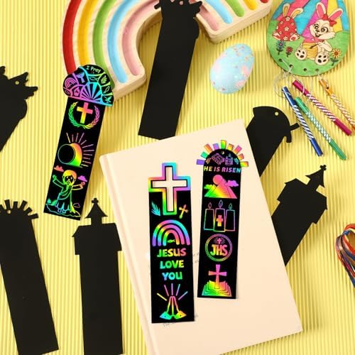 AUGSUN 96Pcs Religious Easter Scratch Bookmarks Christian Crafts for Kids