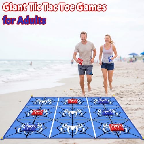 2-in-1 Giant Tic Tac Toe Game Bean Bag Toss Outdoor Games, 4.5FT Spider Tic Tac Toe Game with 10 Pcs Bean Bags, Outside Games for Adults and Family Lawn Yard Carnival Field Day Camping Party