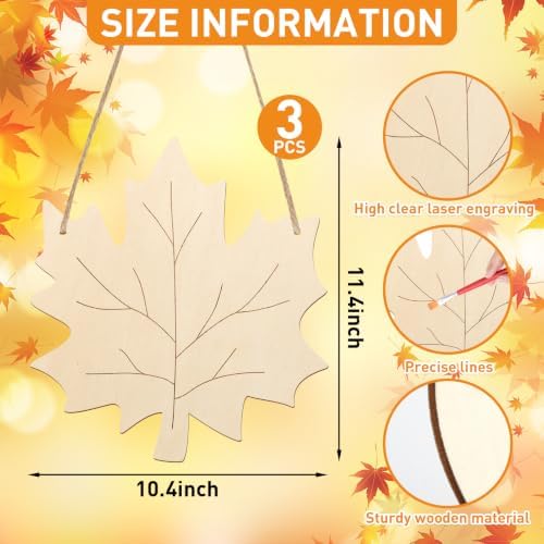 Unfinished Fall Wreaths Wood Crafts to Paint Set of 3, 11" Bulk Fall Leaves Wreath Ornaments for Painting, Unfinished Wood Cutouts DIY Ornaments for Front Door with Ropes