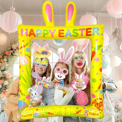 Happy Easter Inflatable Photo Frame & Props Set, 30Pcs Easter Photo Props with Giant Inflatable Picture Frame for Easterday Party Selfie Supplies