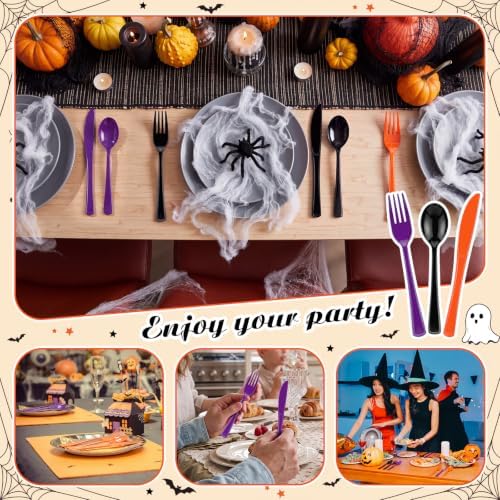 Minatee 180 Pcs Halloween Plastic Silverware Heavy Duty Cutlery Sets Disposable Utensils for Holiday Birthday Themed Party Supplies, 60 of Each Forks Knives Spoons