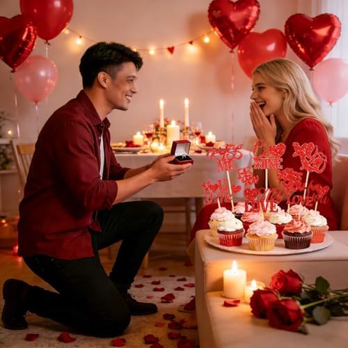 24Pcs Valentine's Day Cupcake Toppers, Glitter Word Heart Cake Decorations