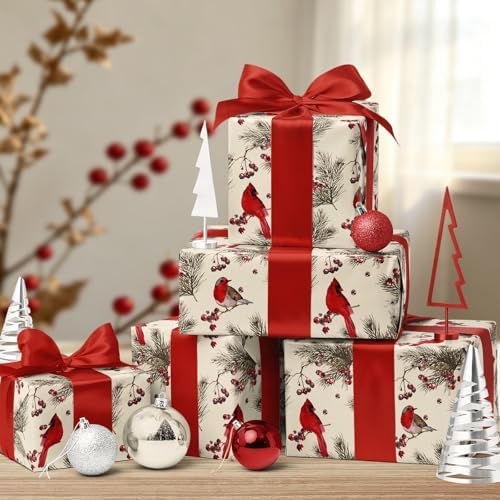 LaRibbons Cardinal Christmas Wrapping Paper, Rustic Woodland Red Birds