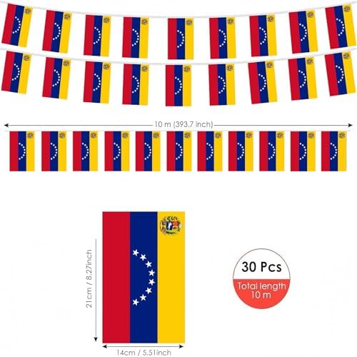 AhfuLife 60 Pcs Venezuela String Flags for Independence Day Decorations, Small Venezuelan Flag Bunting Banner - Double Sided for National Day Festival Party Decorations (5.5×8.3 Inch-66 Ft)