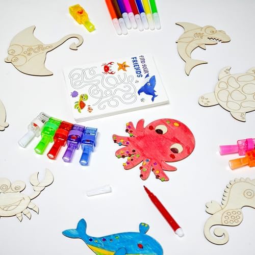 Cinrobiye 144 PCS Ocean Animal Craft Kit, Under the Sea Wooden Painting Ornaments for Ocean Theme Party Activities, Summer Camp Projects, Classroom Decorations and Event Displays