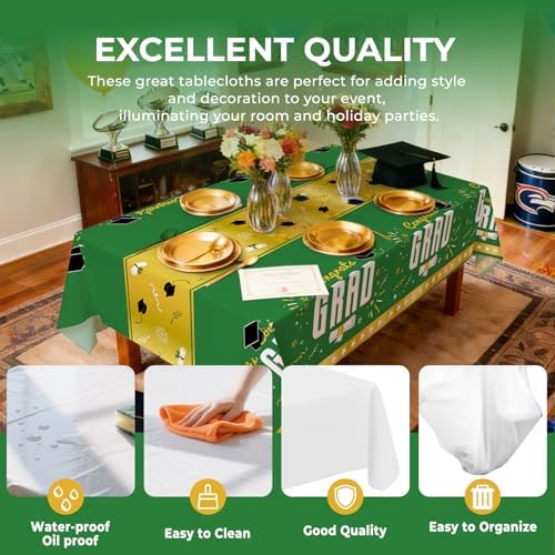 6 Pack Disposable Plastic Tablecloth 54" x 108" Green Class of 2026 Grad Party Table Cloths Disposable for 6 to 8 Foot Tables Graduation Party Indoor or Outdoor (Graduation Green)
