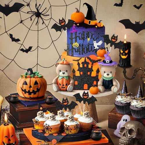 9 PCS Halloween Cake Topper Witch Bear Cake Topper Pumpkin Bat Cake Decorations with Happy Halloween Cake Decorations for Scary Party Supplies