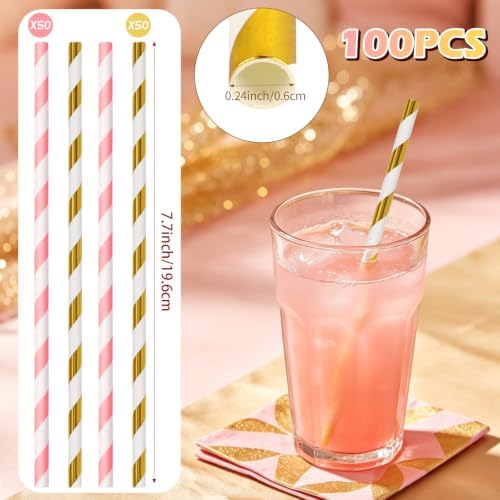 100 Packs Pink and Gold Biodegradable Striped Paper Straws, Disposable Drinking Straws for Birthday Carnival Summer Pool Party Wedding Halloween Christmas Party Decoration Supplies