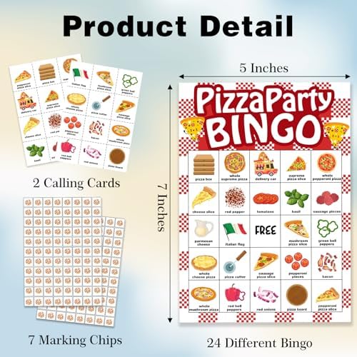 Pizza Bingo Games for Partys, 24 Players Pizza Party Time Bingo Cards, Fun Birthday Party Game for Family, Large Group Holiday Party Activities Supplies