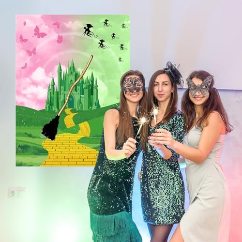 Faccito Witch Party Decorations Pin The Broom Pink and Green Games with Large Poster 24 Stickers and Blindfold Games Set for Halloween Witch Party Decorations Pink and Green Activities Supplies