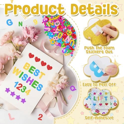 Foam Letter Stickers,540 PCS Glitter Foam Alphabet Number Stickers,7 Colors