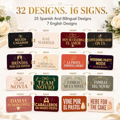 32 Designs Spanish Wedding Photo Booth Props, 16 Double-Sided Selfie Signs