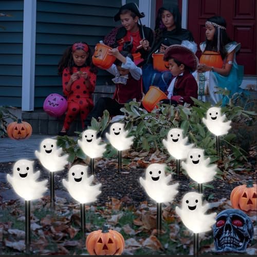 BRIGHTDECK Halloween Solar Pathway Lights Outdoor, LED Decor, Light Up Solar Stake Lights for Holiday, Halloween, Walkway, Sidewalk (Cold White Floating Ghost, 10-Pack)