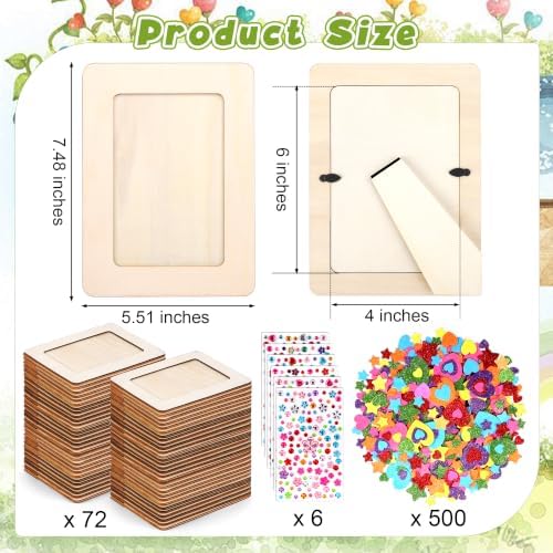 Aneco 72 Packs Picture Frame Painting Craft Kit for 4 x 6 Inch Photo DIY Unfinished Wooden Photo Frames with Diamond and Foam Stickers for DIY Crafts, Paint and Decorate