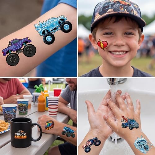 JCFIRE Monster Truck Temporary Tattoos for Kids Boys Age 4-7, Pre-cut Perforated No Scissors Needed, Diggers Construction Car Theme Birthday Party Favors Supplies Decorations Goodie Bag Stuffer