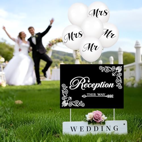 2 Pcs Wedding Reception Signs with 6 White Balloons, Set of 2 Double-Sided Directional Arrow Yard Signs with Metal Stakes, Waterproof Plastic Outdoor Decor Kit for Ceremony and Parking