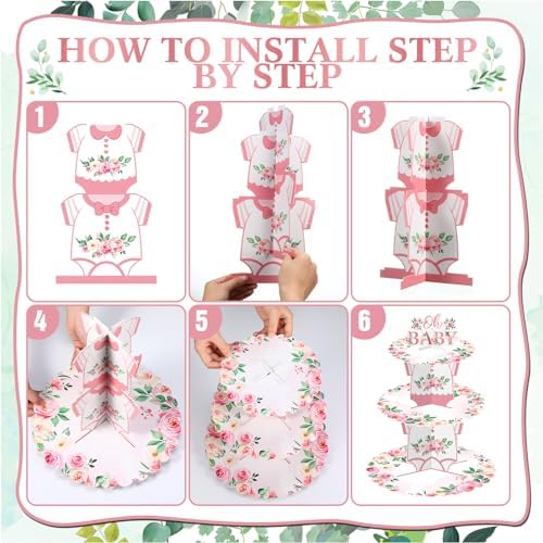 Zopeal 3 Tier Floral Baby Shower Cupcake Stand Cardboard Flower Cupcake Dessert Tower Baby Shower Cake Holder for Spring Flower Gender Reveal Birthday Party Decorations Supplies