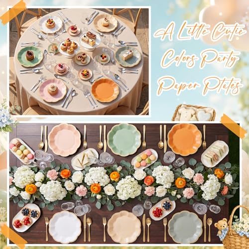 72 Pcs A Little Cutie Paper Plates 9 Inch Sage Green Orange Gradient Scalloped Paper Disposable Dinner Dessert Plates for Baby Shower Summer Birthday Wedding Bridal Party Supplies, 6 Colors