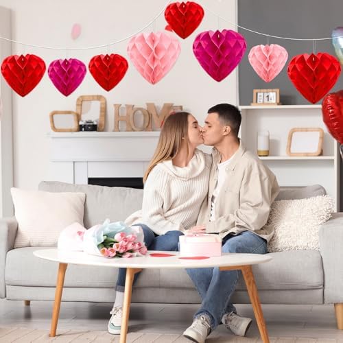 JULMELON 18 PCS Valentine's Day Party Heart Decorations, Red Pink Magenta Heart Paper Honeycomb Balls Hanging Valentines Day Ornaments Galentines Day Decor for Wedding Bridal Shower Party