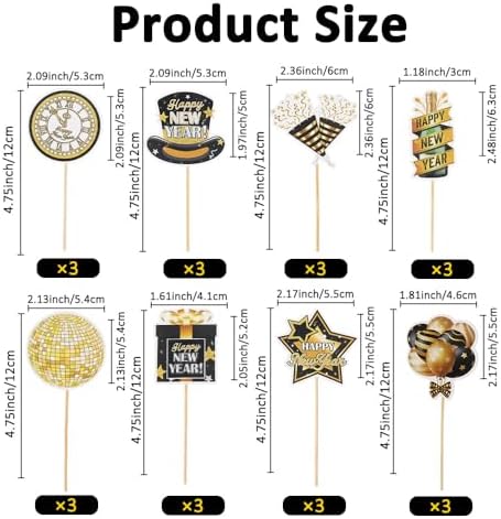 Happy New Year 2027 Cupcake Toppers, 24 PCS Happy New Year Decorations, Black and Gold Cupcake Toppers Cake Decorations Food Picks for New Year's Eve 2027 Party Decoration Supplies, 8 Designs